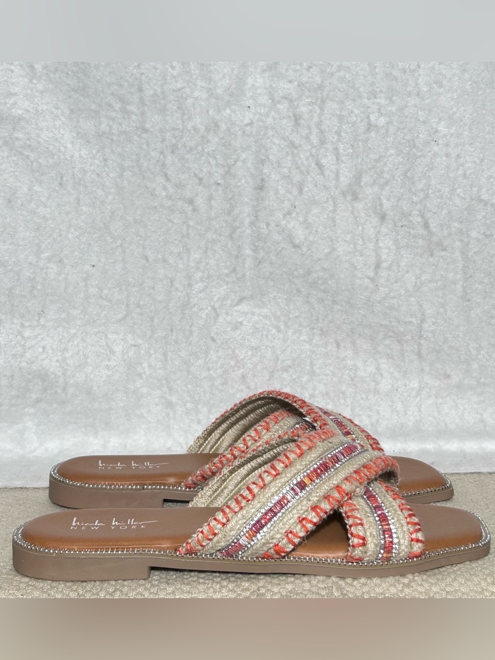 Nicole Miller Womens Kresty Strap Crossover Slide SlipOn Sandal Shoes SZ 8-8.5